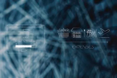 Budgeting in progress pop-up next to different icons about expenses 스톡 일러스트