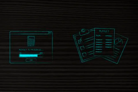 Budgeting in progress pop-up next to stats documents 스톡 일러스트