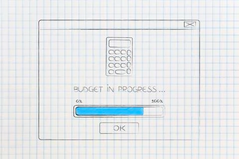 Budgeting in progress pop-up window with calculator icon and bar loading Illustrazione stock
