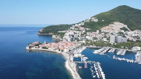 Budva old town aerial view from far - Montenegro Stock Footage 252155840