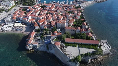 Budva old town aerial view flying over and looking down Stock Footage 252155929