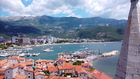 Budva Old Town Bell Tower. Aerial photography Stock Footage 157525839