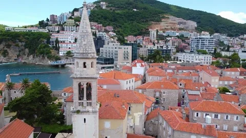Budva Old Town Bell Tower. Aerial photography Stock Footage 157525893