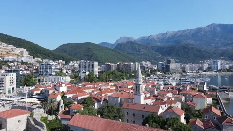 Budva old town close up aerial view of church - Montenegro Stock Footage 252155838