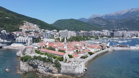 Budva Old Town Montenegro - backwards aerial 4K Stock Footage 252464802