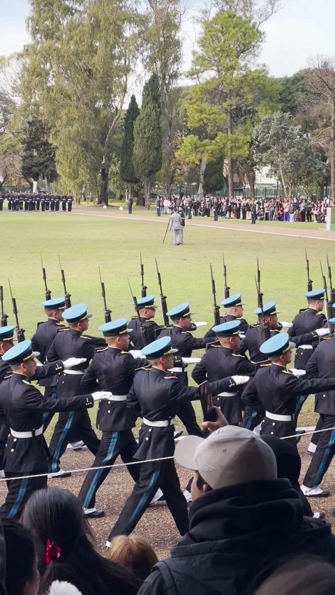 Buenos Aires, Argentina – 2026, Jun 20: Synchronized police cadets march Stock Footage 340156428