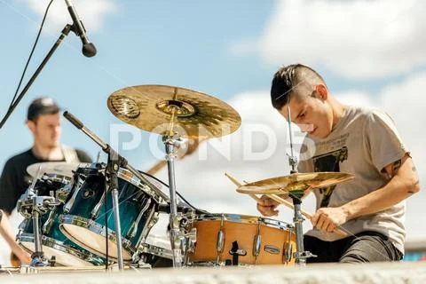 Buenos Aires, Argentina - December 16, 2018: Duo of bassist and drummer play Stock Photos