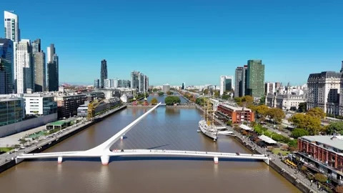 Buenos Aires cityscape flying over Puente de la Mujer Stock Footage 335045480