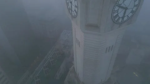 Buenos Aires Clock Tower in Heavy Fog Drone Orbit Near Plaza de Mayo 스톡 동영상 334772728