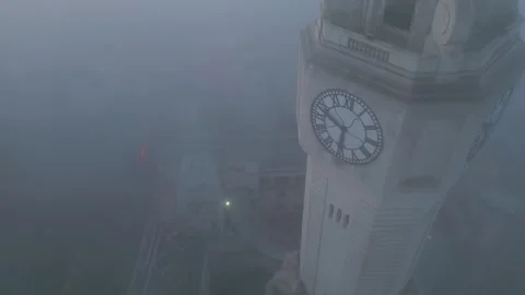 Buenos Aires Clock Tower in Heavy Fog Drone Orbit Near Plaza de Mayo Stock Footage 334772800