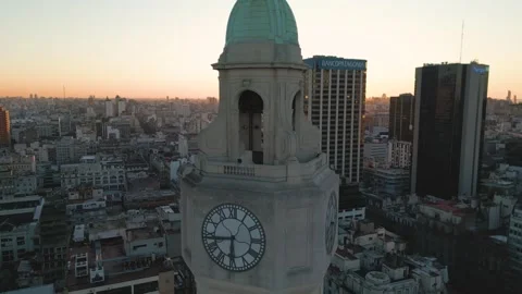 Buenos Aires Clock Tower at Sunset Drone Pullback Over City Center Stock Footage 334772674