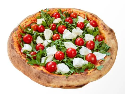 Bufala mozzarella cheese and fresh cherry tomatoes oven baked italian pizza Stock Photos