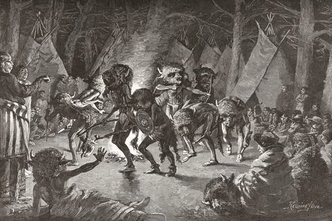 The Buffalo Dance.  After a work by American artist Frederic Sackrider Remington Stock Illustration