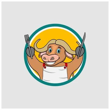 Buffalo Head Circle Label Bring Fork and Knife Stock Illustration