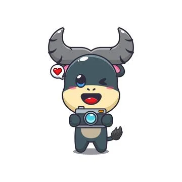 Buffalo mascot cartoon character vector illustration with camera. Stock Illustration