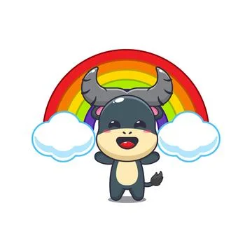 Buffalo mascot cartoon character vector illustration with rainbow. Stock Illustration