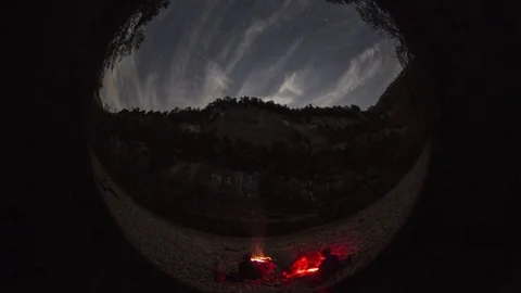 Buffalo River Canoe Trip, Campfire; Dusk-Dawn Fisheye Time Lapse Stock Footage 78683034