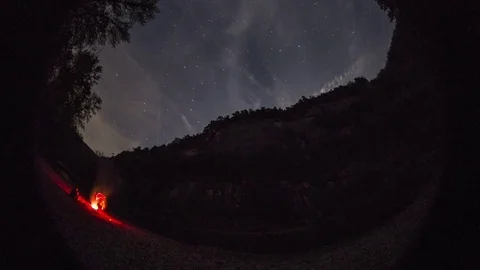 Buffalo River Canoe Trip Campfire; Starry Night Fisheye Time Lapse Stock Footage 78683091