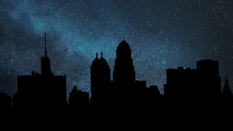 Buffalo skyline by Night, Time Lapse with Stars and Milky Way in Background, USA Stock Footage 303996231