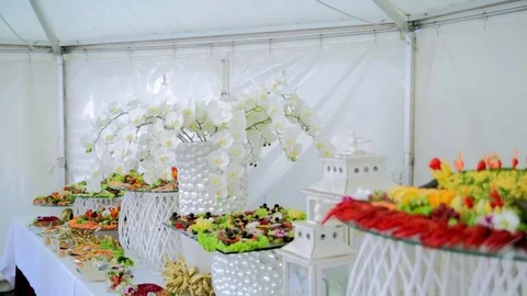Buffet, beautiful dishes are on the table 스톡 동영상 70533388