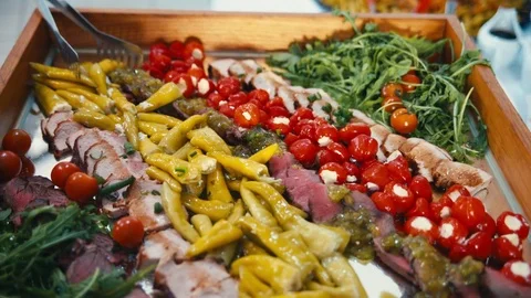 Buffet, beautiful dishes are on the table Stock Footage 70533429