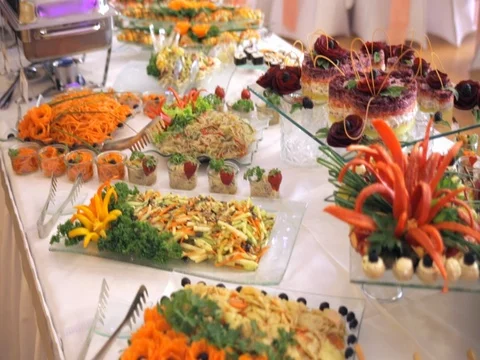 Buffet, beautiful salads are on the table Stock Footage 75563014
