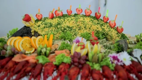 Buffet, beautifully decorated dish with seafood Video stock 69747893