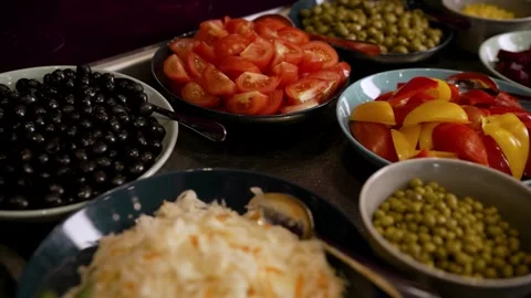 Buffet breakfast concept, luxury hotel breakfast time, brunch. Stock Footage 243574148