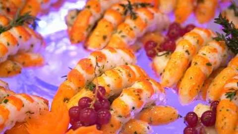 Buffet Breakfast: fish and seafood Stock Footage 87698019