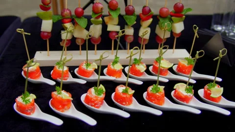 Buffet canapes are on the table 库存影片 160672930