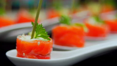 Buffet canapes are on the table Stock Footage 160673048
