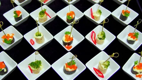 Buffet canapes are on the table Stock Footage 160673270