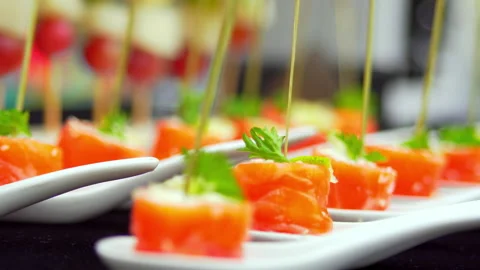 Buffet canapes are on the table Stock Footage 160673552