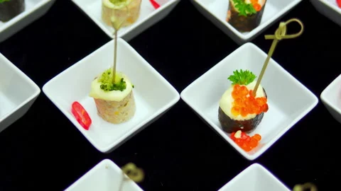 Buffet canapes are on the table Video stock 160673883
