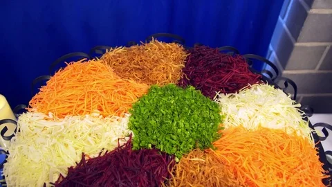 Buffet: carrots, beets and cabbage are on the plate Video stock 82447852