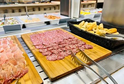 Buffet with cold cuts and bread rolls. Stock Photos