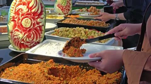Buffet cold table with traditional Turkish starters Stock Footage 201013272