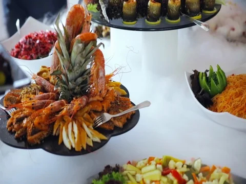 Buffet: crawfish and shrimp are on the plate Stock Footage 77978582
