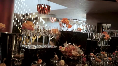 Buffet decorations wine glasses  Stock Footage 308447489