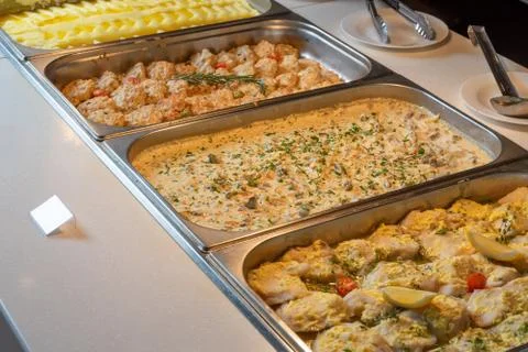 Buffet in the dining room-fish, beef, mashed potatoes, cutlets, . Smorgasbord Stock Photos