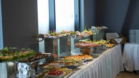 Buffet dishes are on the table. Stock Footage 115444864