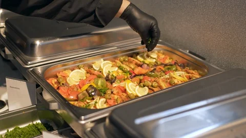 Buffet dishes are on the table. Stock Footage 115446416