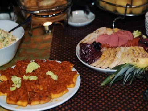 The buffet, dishes of food are on the table 스톡 동영상 73574575