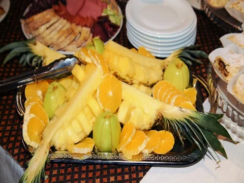 The buffet, dishes of food are on the table Stock Footage 73577250