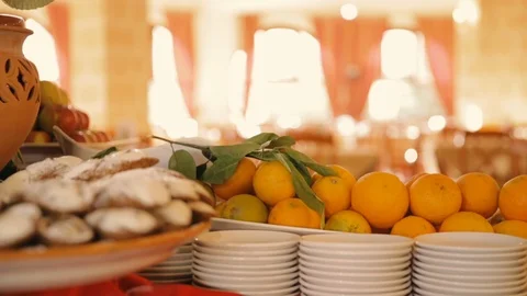 Buffet with fresh oranges Stock Footage 86736964