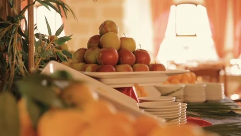 Buffet with fresh red apples Stock Footage 86736996