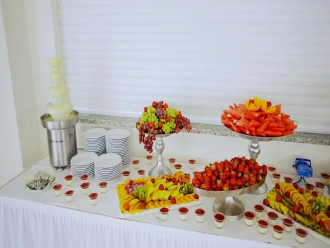 Buffet: fruits are beautiful on the table Stock Footage 77980090
