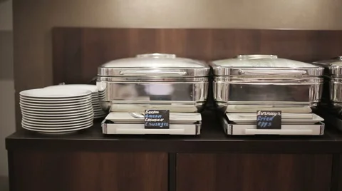 Buffet heated trays ready for service Stock Footage 57355372