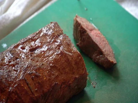 Buffet: hot cut beef steak Stock Footage 81190498