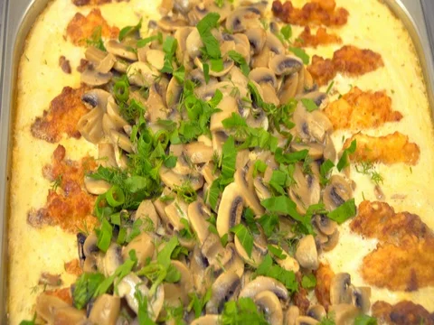 Buffet: hot pork with cheese and mushrooms Stock Footage 80497741